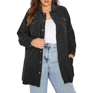 Womens Black Plus Size Plaid Shacket Long Sleeve Button Down Casual Jacket